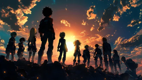 Silhouetted anime heroes stand together at vivid sunset.
