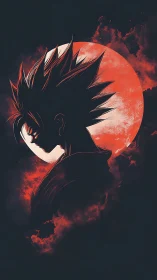 Silhouetted spiky-haired figure before red circular moon.