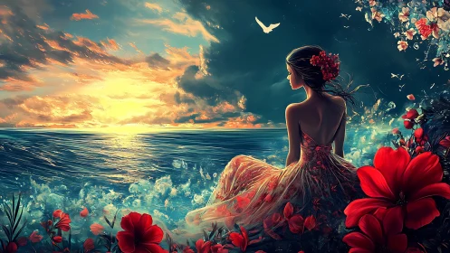 Woman in red floral dress watching fiery ocean sunset