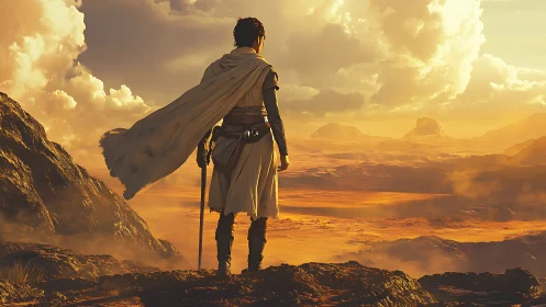 Wanderer in golden desert light, standing at journey’s edge.