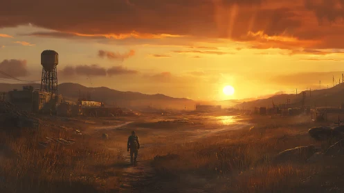 Solitary recon operative crossing postindustrial sunset basin.