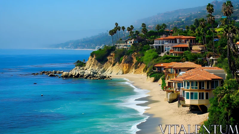 Oceanfront villas line sunlit cliffs over turquoise bay.