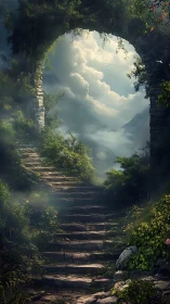 Stone stairway ascends through overgrown arch toward luminous clouds
