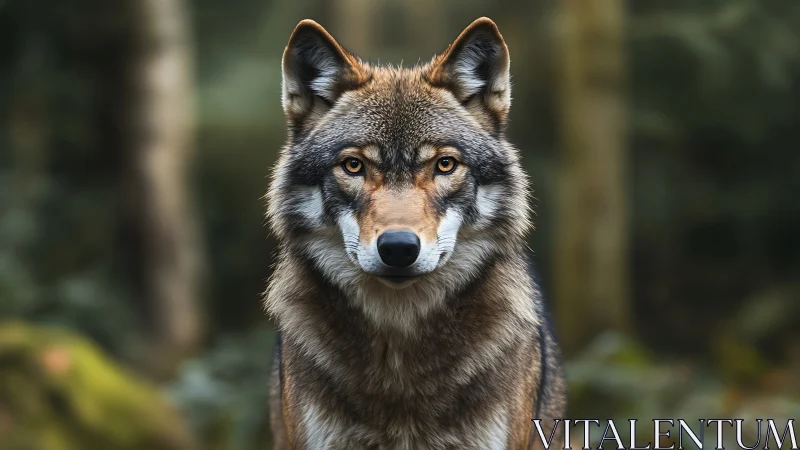 Steady wolf gaze welcomes quiet connection in forest light