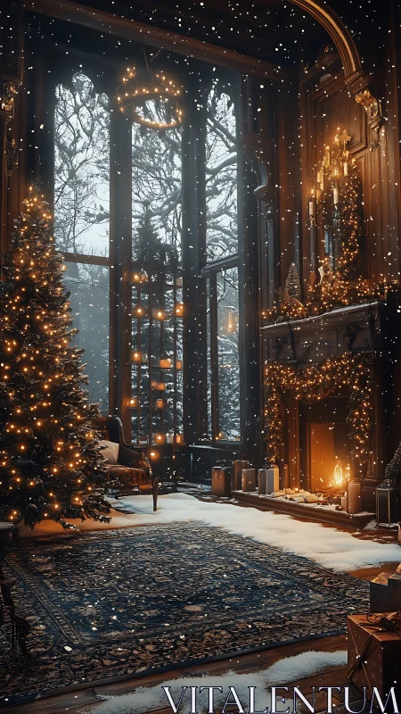 Snowlit manor parlor wrapped in golden Christmas glow.