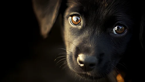 Midnight-eyed puppy gazes into warm, golden quiet. Period.