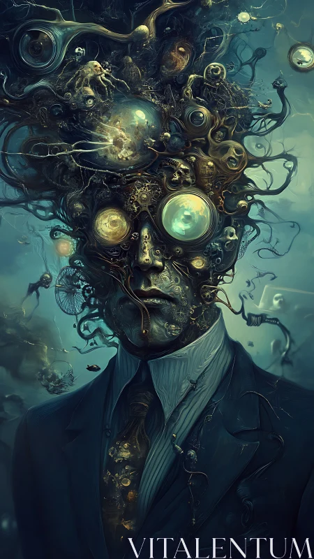 Suited humanoid figure with biomechanical and aquatic headforms