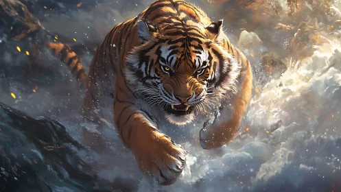 Roaring river tiger charging through stormy silver water.