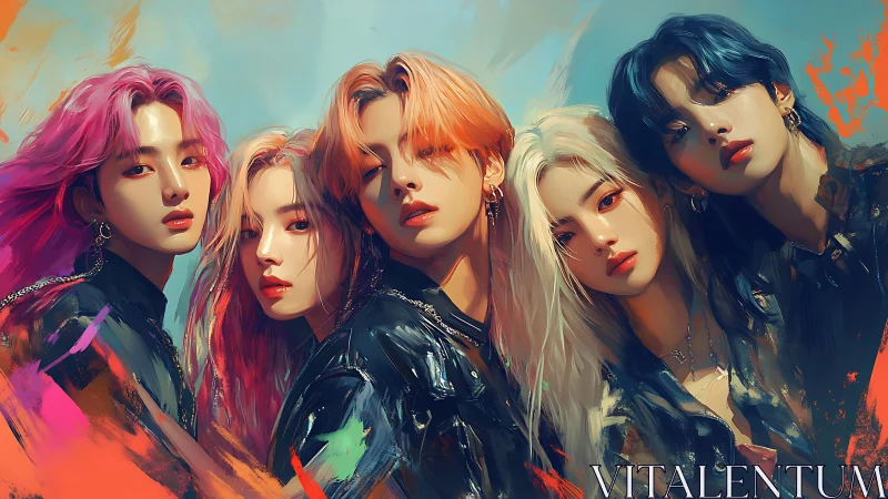 Neon-haired idols in vivid digital portrait ensemble.