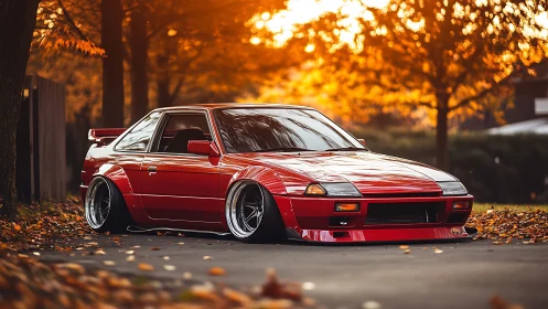 Stanced red sports coupe parked under glowing autumn sunset.