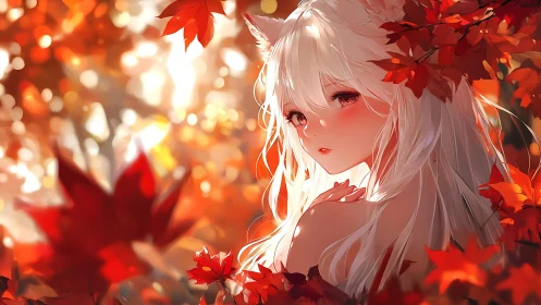 Fox-eared autumn muse glows amid scarlet maple whispers.