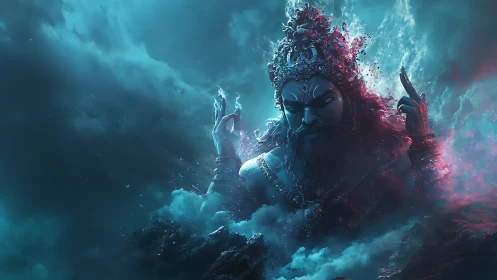 Mythic sea deity rises in glowing stormlit cosmic waves