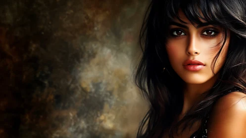 Digital female portrait with dark hair on mottled background.