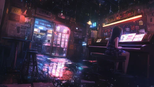 Girl plays piano in dim urban bar interior at night