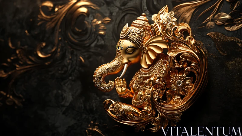 Golden Ganesha in ornate swirls of light and quiet grace.