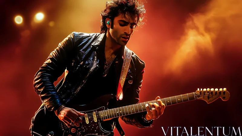 Guitarist in glowing stage lights, lost in electric rhythm.