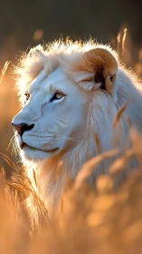 High key portrait of leucistic lion in backlit savanna grassland.