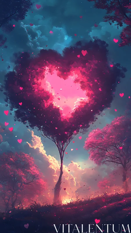 Glowing Heart Tree Against Teal Sky.