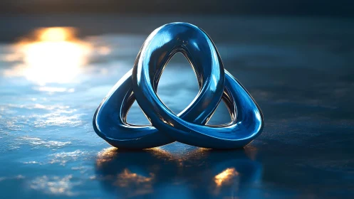 Abstract metallic trefoil knot sculpture on reflective blue surface.