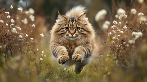 Fluffy Tabby Cat in Motion Through Wildflower Field