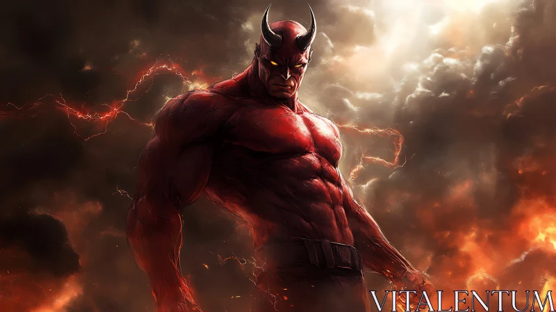 Powerful red demon stands in fiery storm of smoke and light.