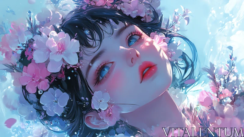 Iridescent anime portrait renders floral halo with soft subsurface glow
