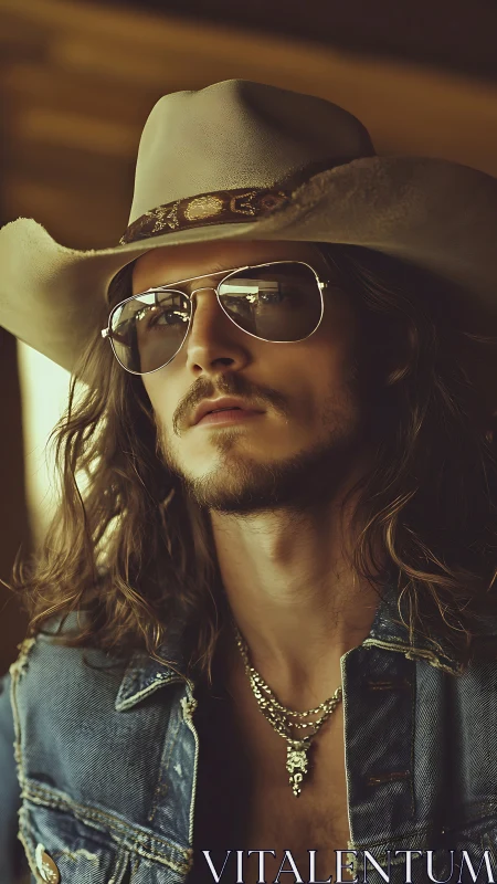 Sunlit cowboy in denim and shades shares laid back charm