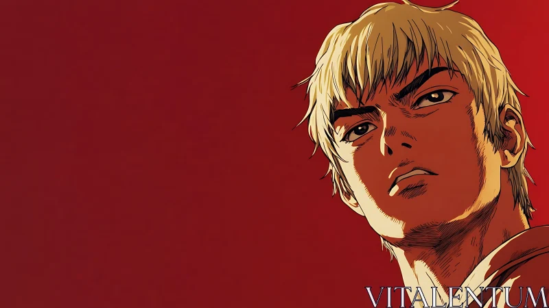 Stylized male anime portrait set against uniform red ground