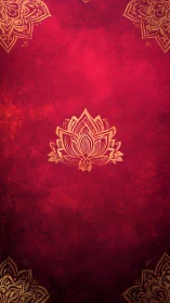 Symmetric gold lotus mandala on textured red grunge backdrop