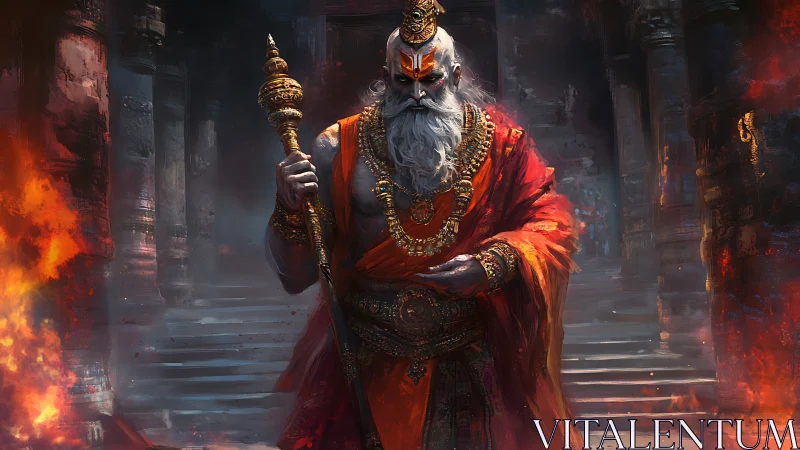 Elderly warrior priest stands in fiery temple corridor