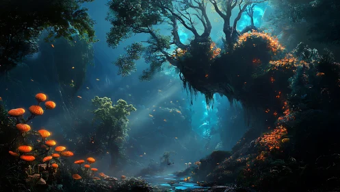 Bioluminescent forest glows beneath ethereal blue light.
