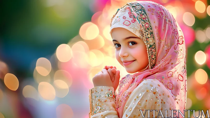Young Girl Pink Hijab Ornate Celebration Portrait