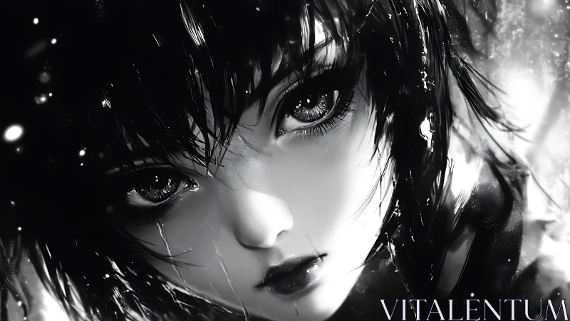 Monochrome close-up of stylized female anime face portrait.