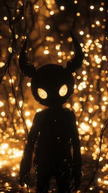 Horned shadow figure stands amid glowing golden bokeh lights.