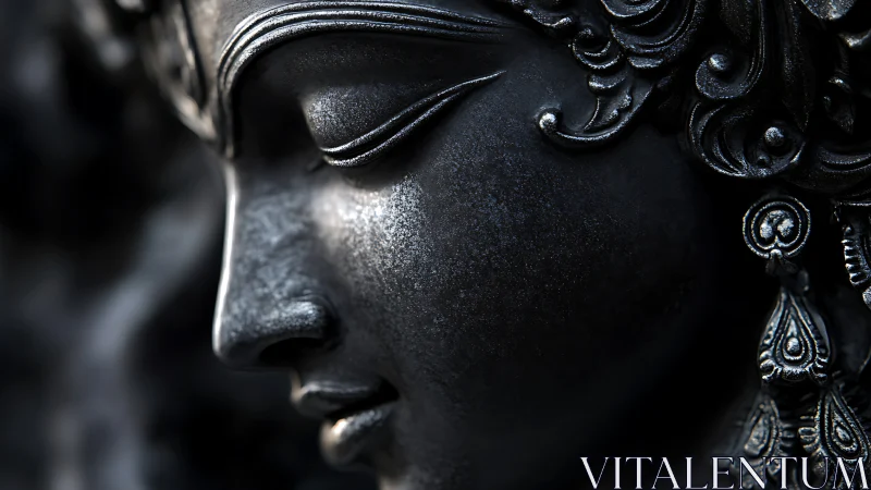 Serene metal goddess face bathed in gentle shadowed light.
