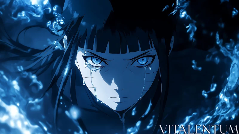 Intense blue-eyed warrior in dynamic aquatic anime composition.