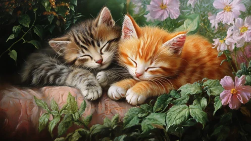 Two Kittens Resting Among Garden Blooms: Naturalistic Oil Study.