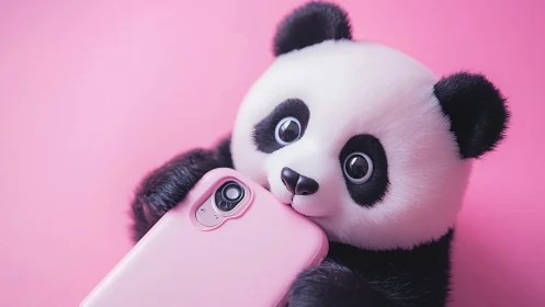 Cute toy panda holds pink smartphone against soft background