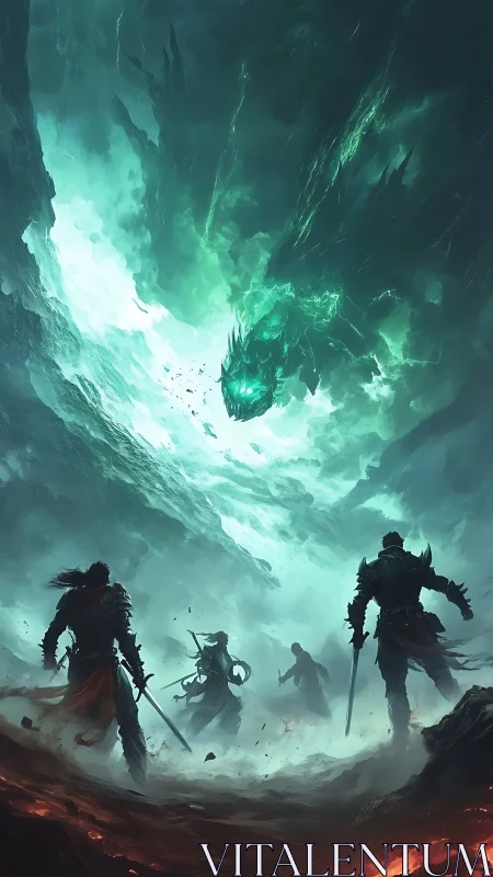 Four warriors confront spectral dragon in volcanic ravine