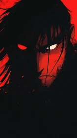 Intense red shadowed warrior staring from the darkness.