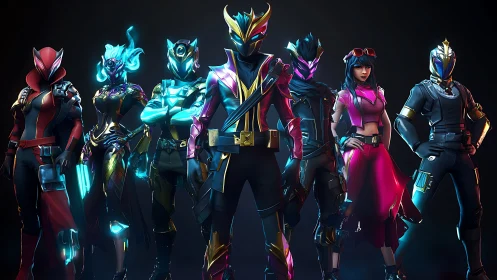 Neon armored misfits lock in formation for a midnight showdown