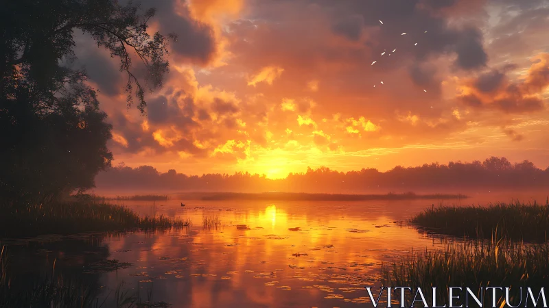 Sunset over calm lake with reeds and distant treeline.