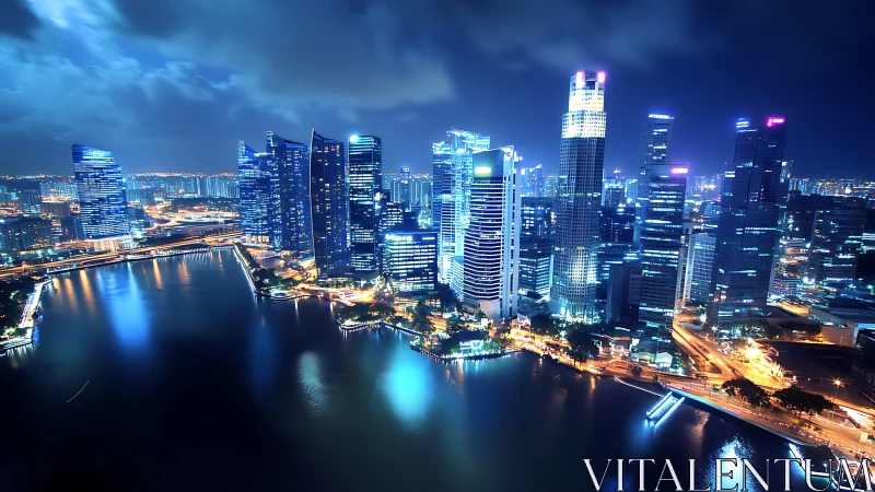 Neon riverfront skyline humming under electric midnight clouds.