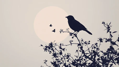 Silhouette of Bird on Branch at Sunset with Flying Butterflies.