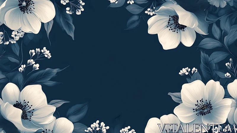 Elegant White Flowers Frame Deep Navy Background.
