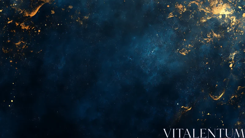 Dark blue textured background with dispersed gold splatters.
