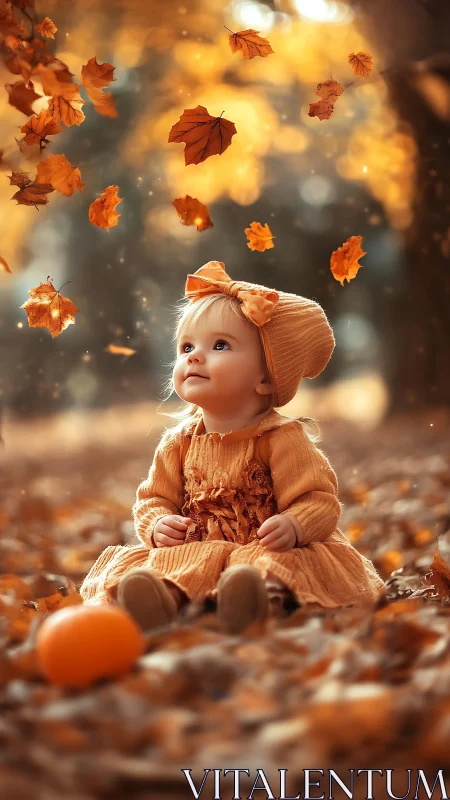 Toddler in golden forest watches drifting autumn leaves.