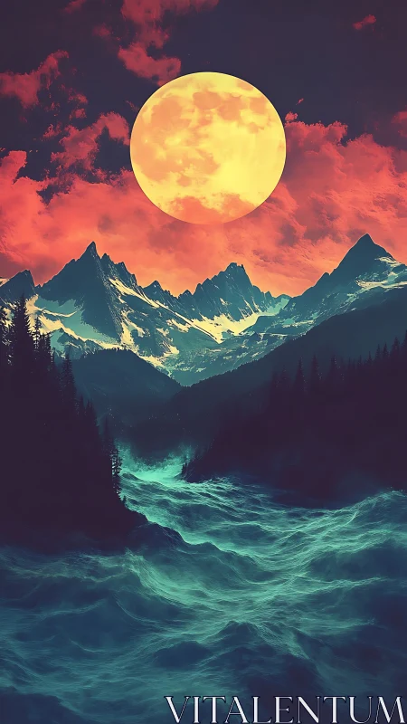 Surreal neon river under colossal moonlit peaks.