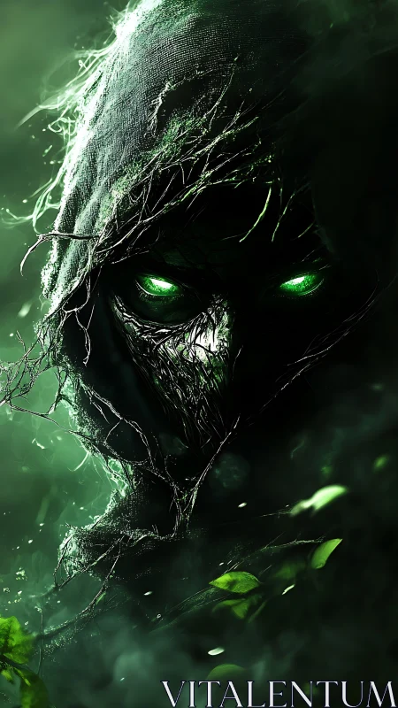 Hooded forest wraith with glowing green eyes emerges