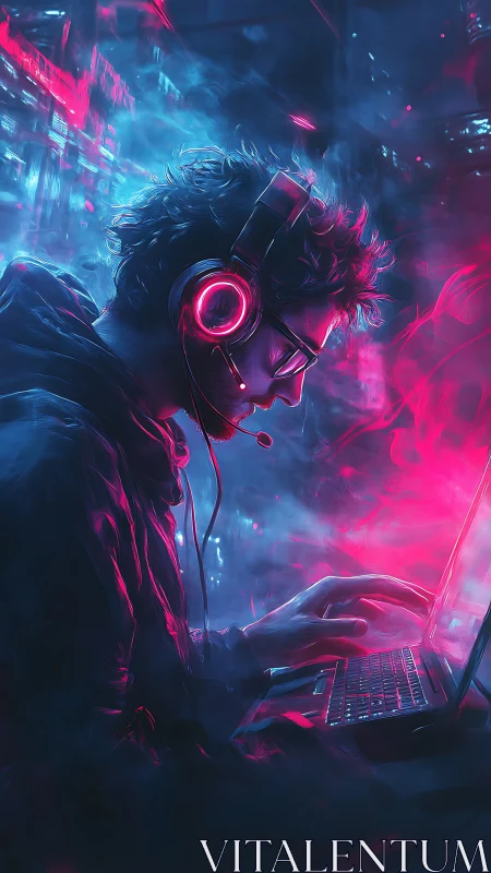 Cyberpunk gamer portrait in neon magenta and cyan haze.